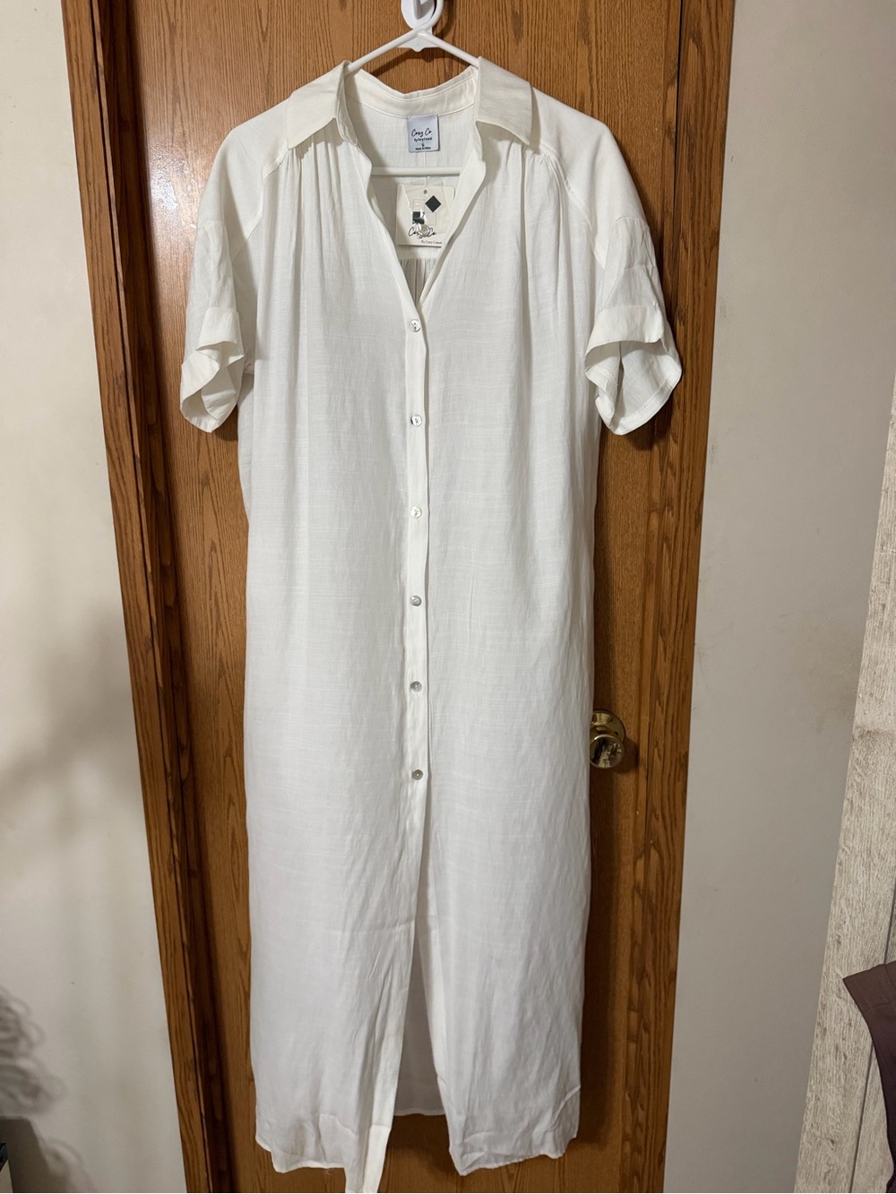 NWT Cozy Co. White Button Front Linen Blend Midi Shirt Dress Small